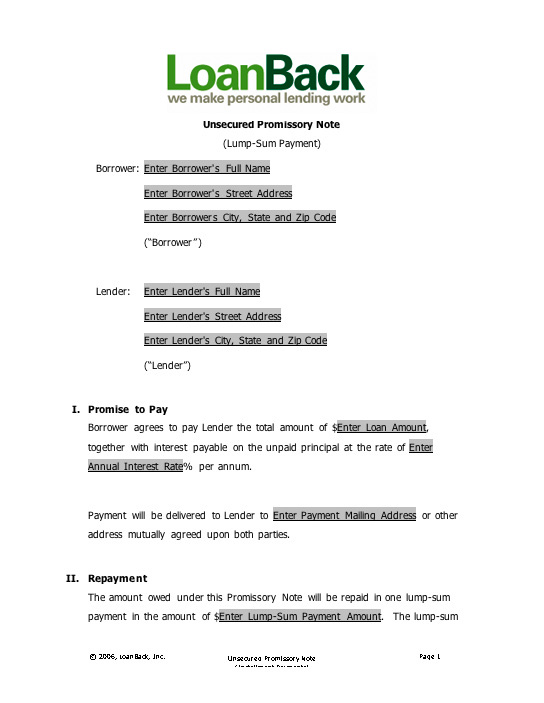 Sample LoanBack Promissory Note